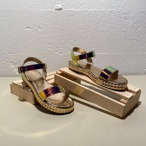 Bamboo Women's Iridescent Buckled Ankle Stud Wedges